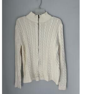 L.L. Bean Cardigan Sweater Cable Knit Zip Fisherman Preppy Cream Size Large